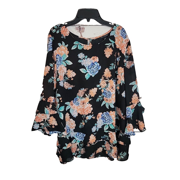 Zac & Rachel Black Floral Ruffle Layered Bell Sleeve Boho Top Women's Size XL - Picture 1 of 10